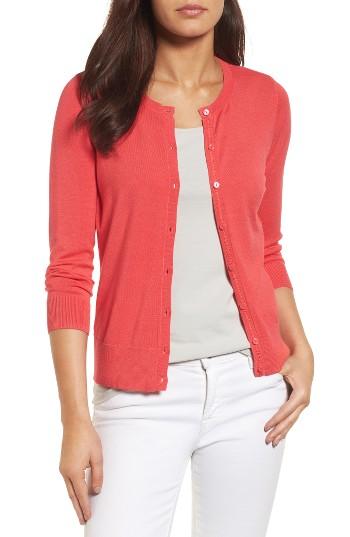 Petite Women's Halogen Three Quarter Sleeve Crewneck Cardigan P - Pink