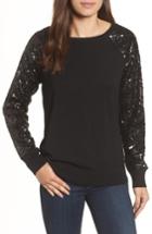 Petite Women's Halogen Sequin Sleeve Sweatshirt, Size P - Black