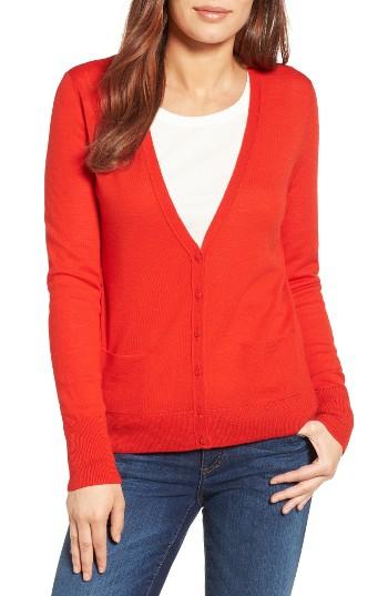 Women's Halogen V-neck Merino Wool Cardigan, Size - Red