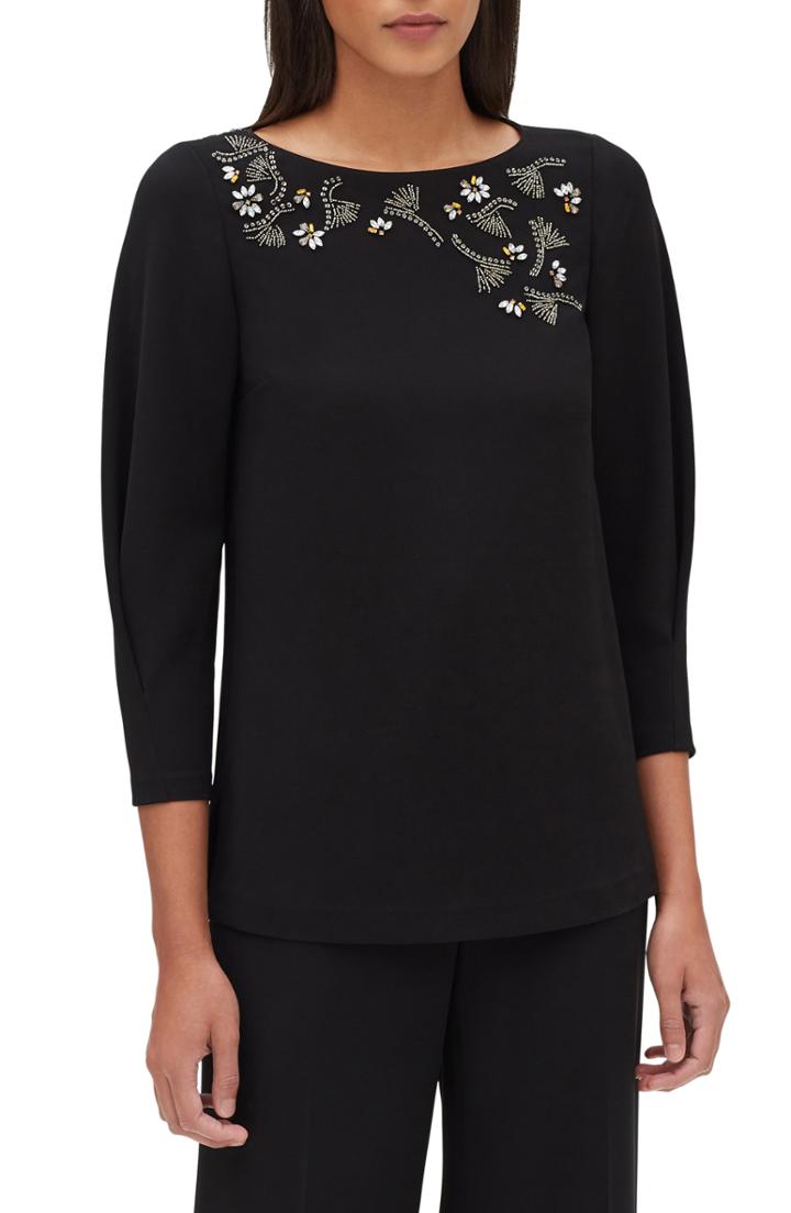 Women's Lafayette 148 New York Caddie Embellished Finesse Crepe Blouse - Black