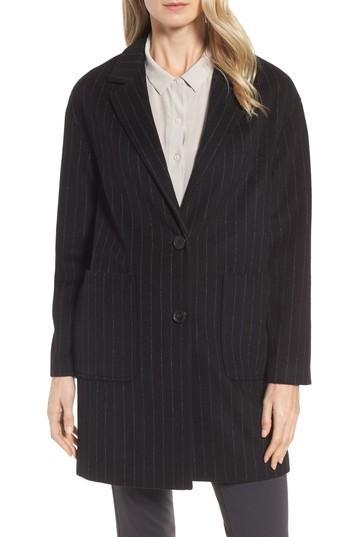 Women's Dkny Pinstripe Wool Blend Coat - Black