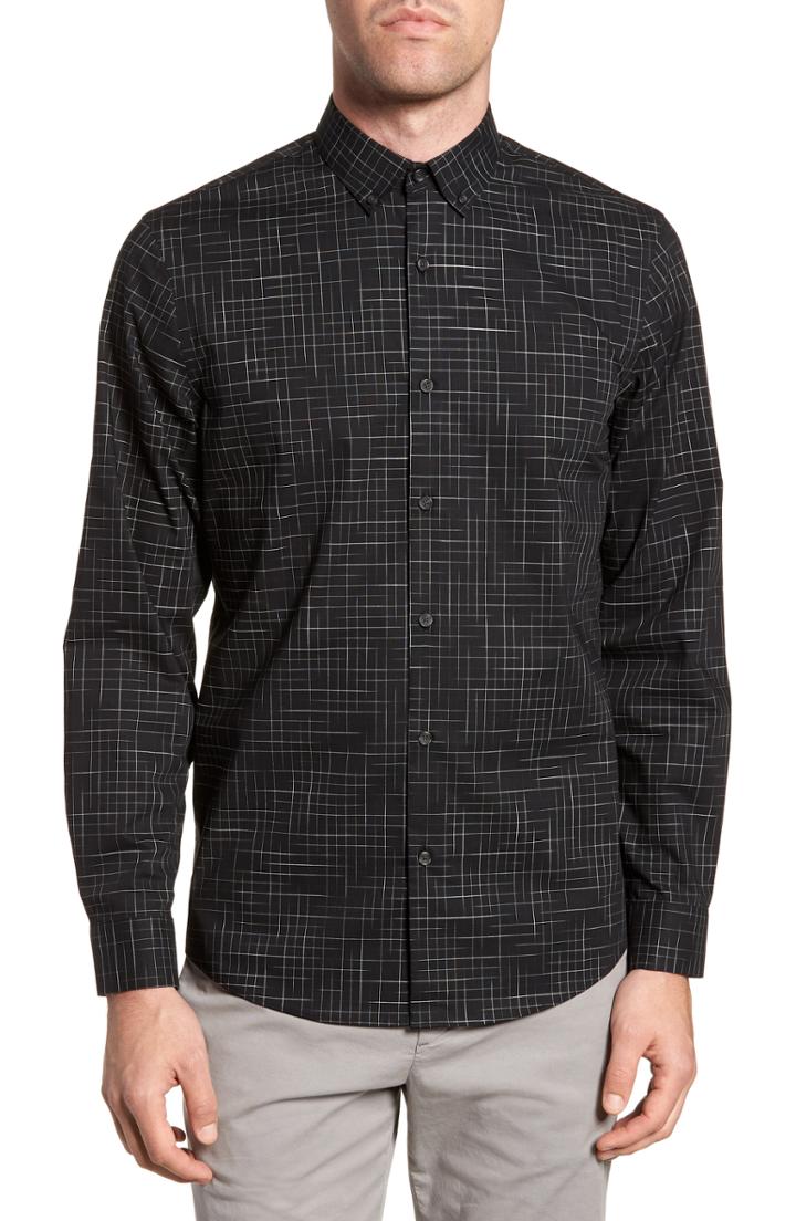 Men's Calibrate Trim Fit Print Slub Sport Shirt, Size - Black