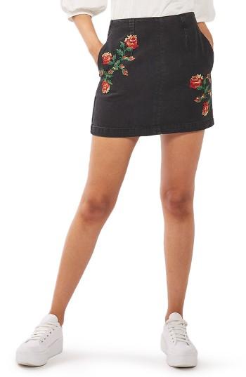 Women's Topshop Moto Embroidered Denim Miniskirt Us (fits Like 6-8) - Black