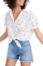 Women's Madewell Strawberry Embroidered Tie Front Shirt - White