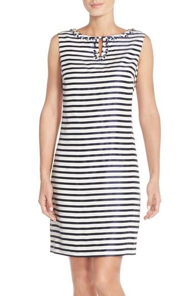 Women's Ellen Tracy Striped Shantung Sheath Dress With Embellished Neckline