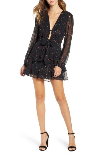Women's Star Print Ruffle Chiffon Dress - Black
