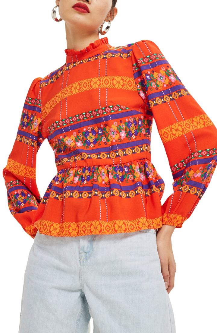 Women's Topshop Geometric High Neck Blouse Us (fits Like 0-2) - Orange