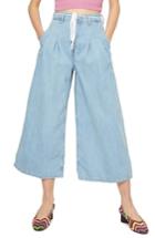 Women's Topshop Moto Pleat Tie Crop Wide-leg Jeans W X 30l (fits Like 24w) - Blue
