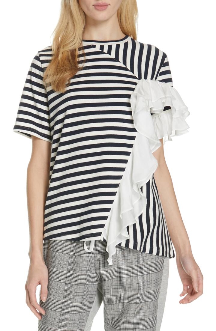 Women's Clu Stripe Asymmetrical Top With Silk Ruffle - Blue