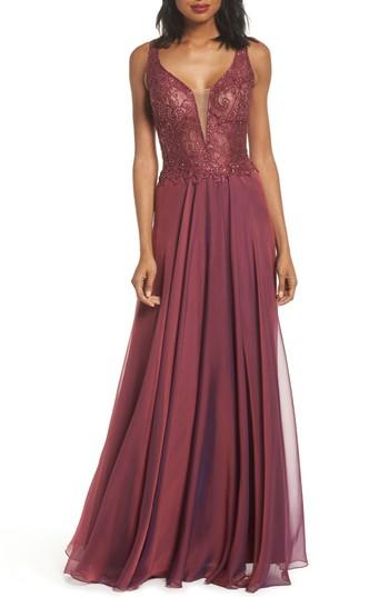 Women's La Femme Lace & Chiffon A-line Gown - Purple
