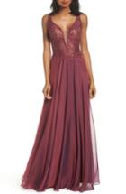 Women's La Femme Lace & Chiffon A-line Gown - Purple