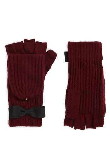 Women's Kate Spade New York Grosgrain Bow Convertible Knit Mittens, Size - Burgundy