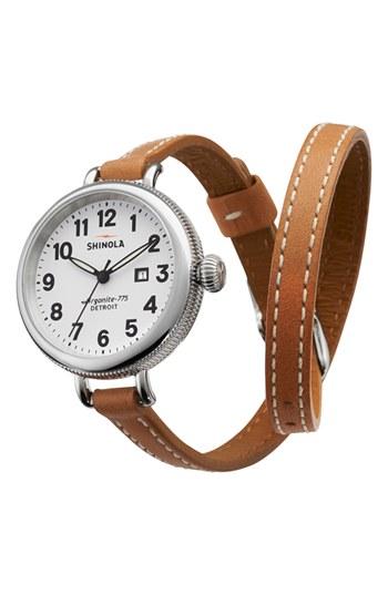 Women's Shinola 'the Birdy' Double Wrap Leather Strap Watch, 34mm