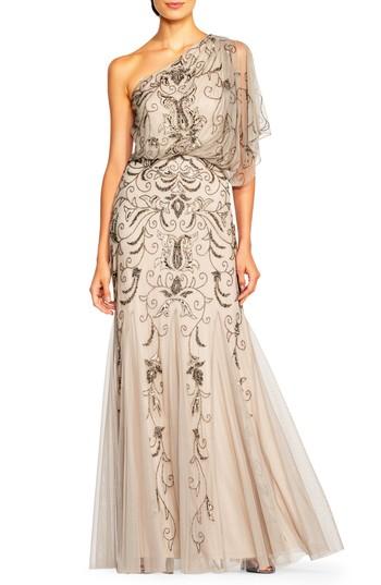 Women's Adrianna Papell Beaded One-shoulder Blouson Gown - Grey