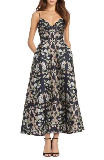 Women's Ml Monique Lhuillier Floral Jacquard Maxi Dress - Blue