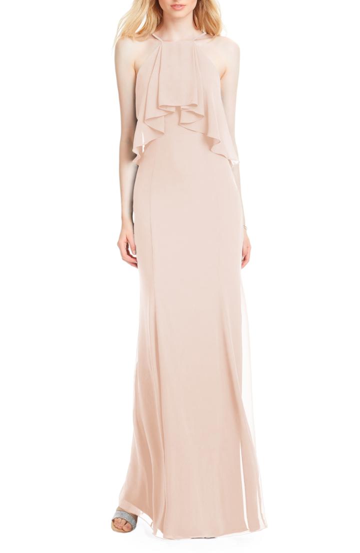 Women's #levkoff Flutter Halter Chiffon A-line Gown W (similar To 16w) - Pink