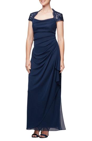 Women's Alex Evenings Lace Yoke Ruched Gown - Blue