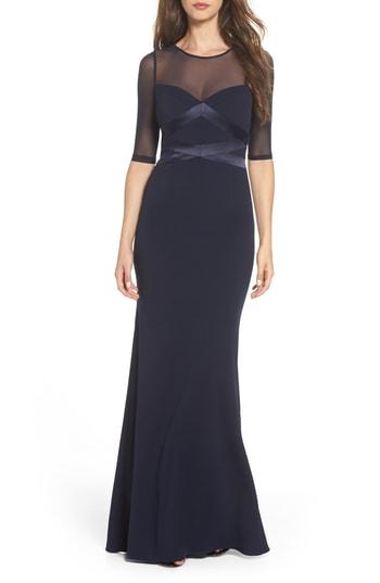 Women's Adrianna Papell Satin Trim Crepe Trumpet Gown - Blue