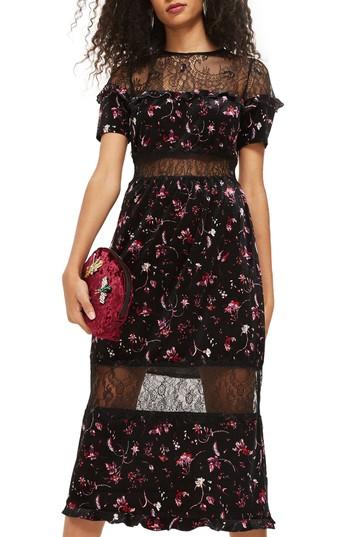 Women's Topshop Print Velvet & Lace Midi Dress Us (fits Like 0) - Black