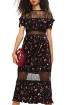 Women's Topshop Print Velvet & Lace Midi Dress Us (fits Like 0) - Black