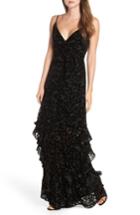 Women's Ml Monique Lhuillier Velvet Burnout Tiered Gown - Black