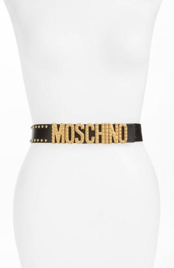 Women's Moschino Studded Logo Plate Leather Belt