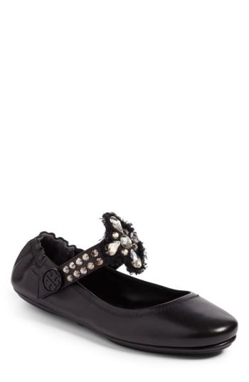 Women's Tory Burch Minnie Embellished Convertible Strap Ballet Flat .5 M - Black