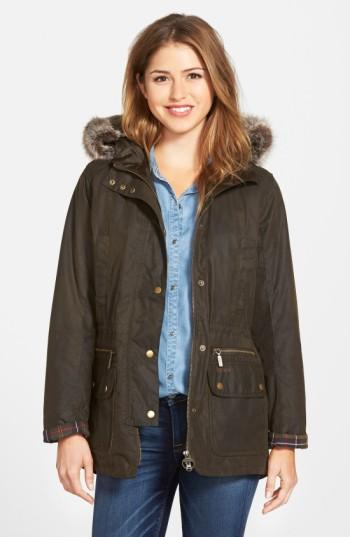 Women's Barbour 'kelsall' Faux Fur & Faux Shearling Trim Waxed Cotton Parka Us / 8 Uk - Green