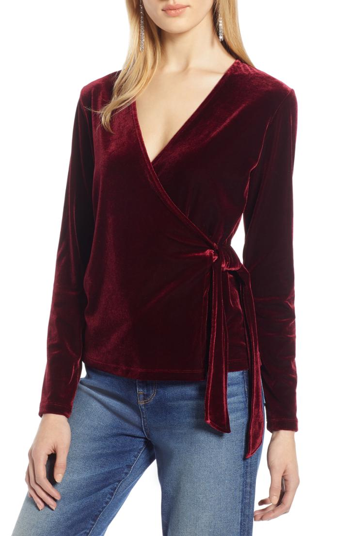 Women's Halogen Velvet Ballet Wrap Top - Red
