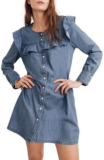 Women's Madewell Ruffle Yoke Chambray Shirtdress, Size - Blue