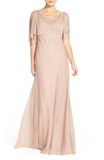 Women's Jenny Yoo 'devon' Glitter Knit Gown With Detachable Capelet - Pink