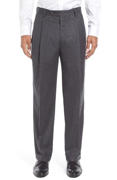 Men's Berle Pleated Solid Wool Trousers X Unhemmed - Grey