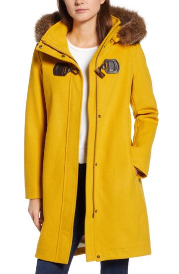 Women's Pendleton St Marie Wool Hooded Coat With Genuine Raccoon Fur Trim - Yellow