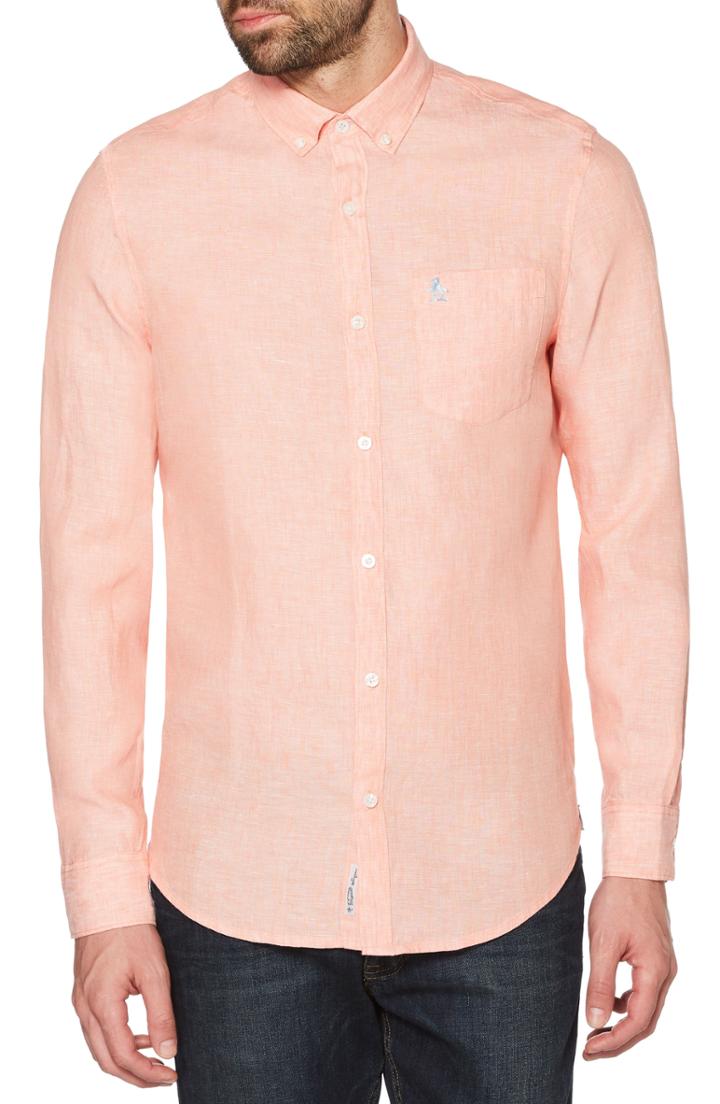 Men's Original Penguin Nep Woven Shirt, Size - Coral