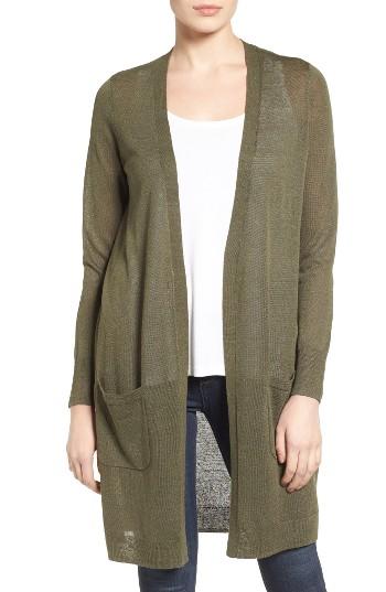 Women's Halogen Long Linen Blend Cardigan, Size - Green