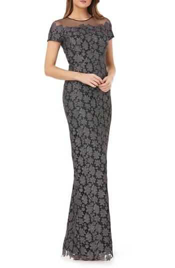 Women's Js Collections Illusion Metallic Lace Gown - Grey
