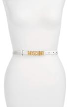 Women's Moschino Logo Plaque Skinny Leather Belt - White W/ Gold