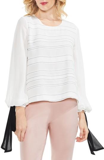 Women's Vince Camuto Tie Cuff Bubble Sleeve Jacquard Stripe Blouse, Size - White