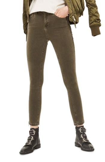 Women's Topshop Jamie Khaki Side Zip Jeans X 30 - Green