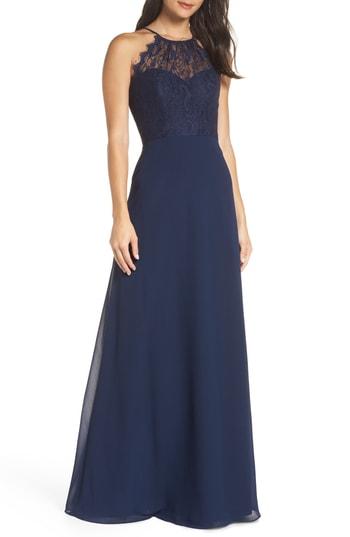 Women's Hayley Paige Occasions Lace Halter Overlay Chiffon Gown - Blue