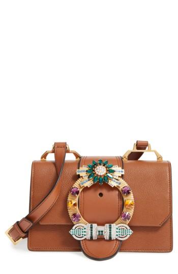 Miu Miu 'small Madras' Crystal Embellished Leather Shoulder Bag - Brown