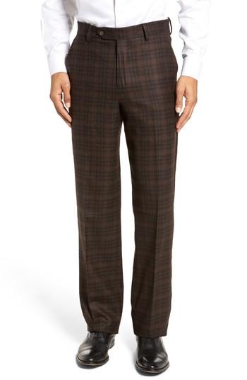 Men's Berle Flat Front Plaid Wool Trousers - Brown