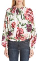 Women's Dolce & Gabbana Peony Print Gathered Stretch Silk Blouse Us / 40 It - White