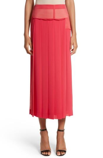 Women's Victoria Beckham Sheer Panel Pleated Georgette Skirt Us / 10 Uk - Red