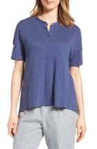 Women's Eileen Fisher Mandarin Collar Organic Linen Knit Shirt, Size - Blue