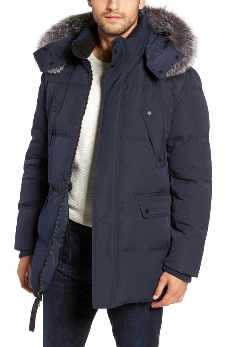 Men's Andrew Marc Genuine Fox Fur Trim Down Parka - Blue