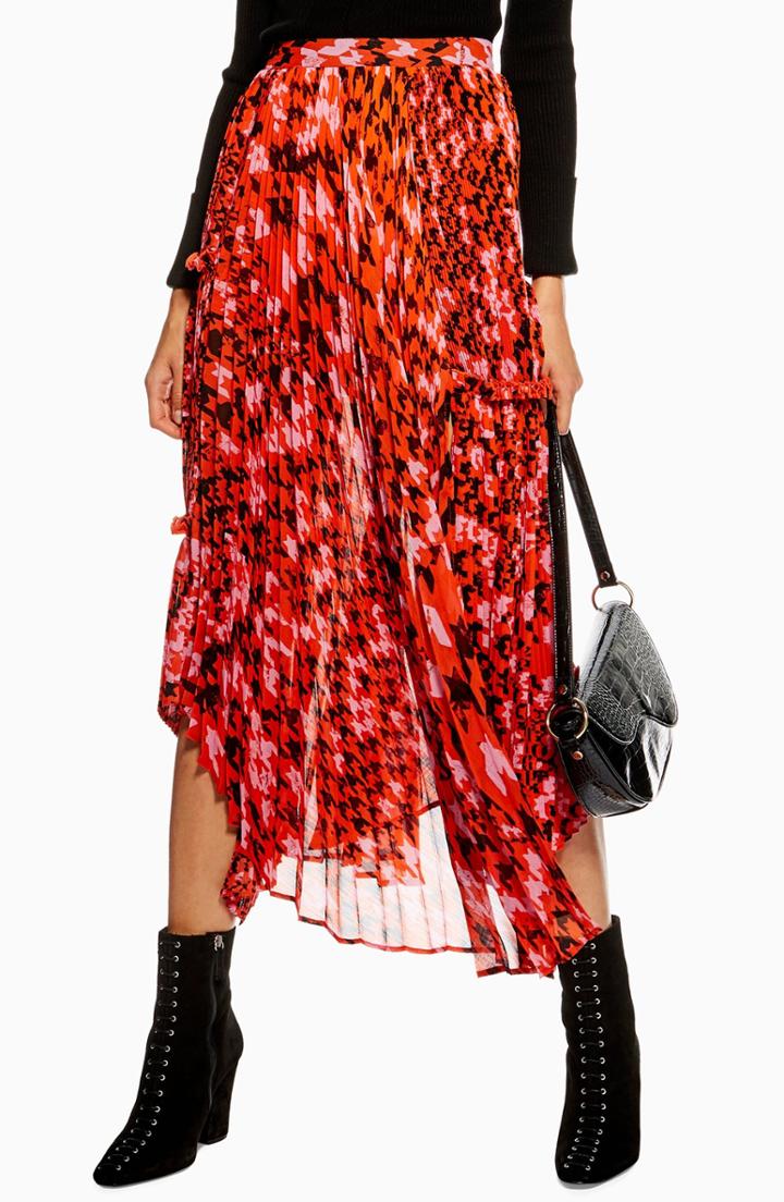 Women's Topshop Dogtooth Pleat Midi Skirt Us (fits Like 0) - Red