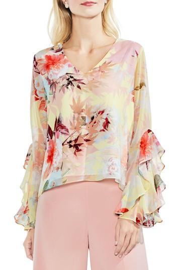 Women's Vince Camuto Faded Bloom Ruffle Sleeve Blouse, Size - Yellow