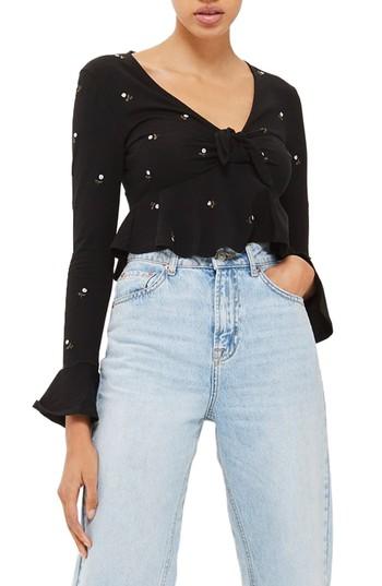 Women's Topshop Embroidered Ditsy Floral Crop Top Us (fits Like 2-4) - Black