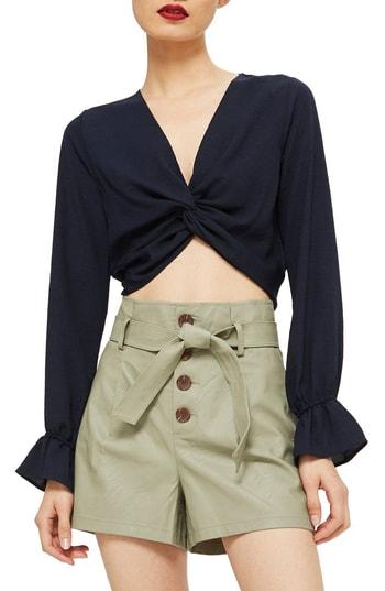 Women's Topshop Twist Front Crop Top Us (fits Like 0-2) - Blue